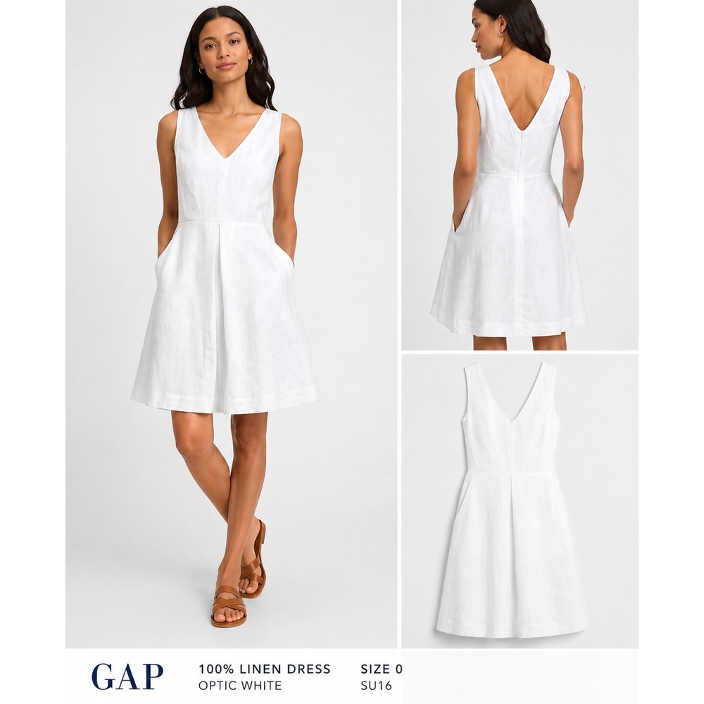 Gap Optic White 100% Linen Sleeveless V-Neck Fit and Flare Dress Size 0 SU16